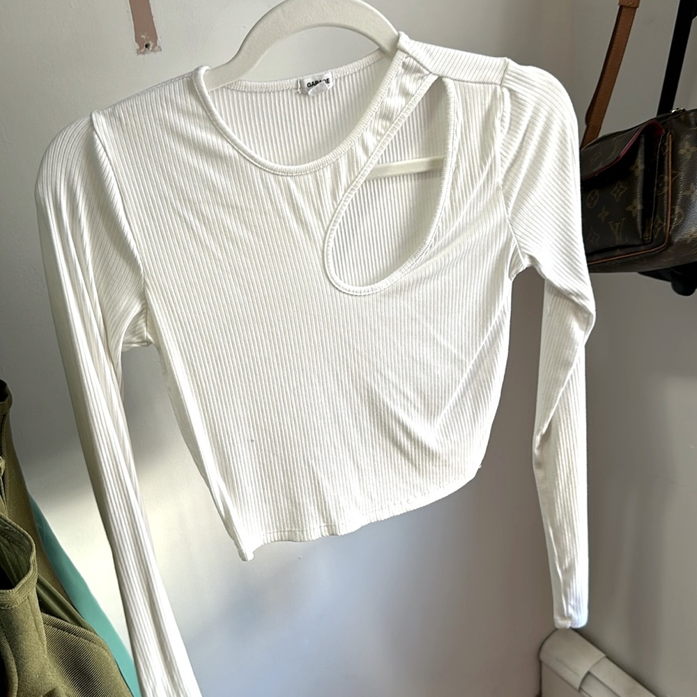 White long sleeve top with bust cut out